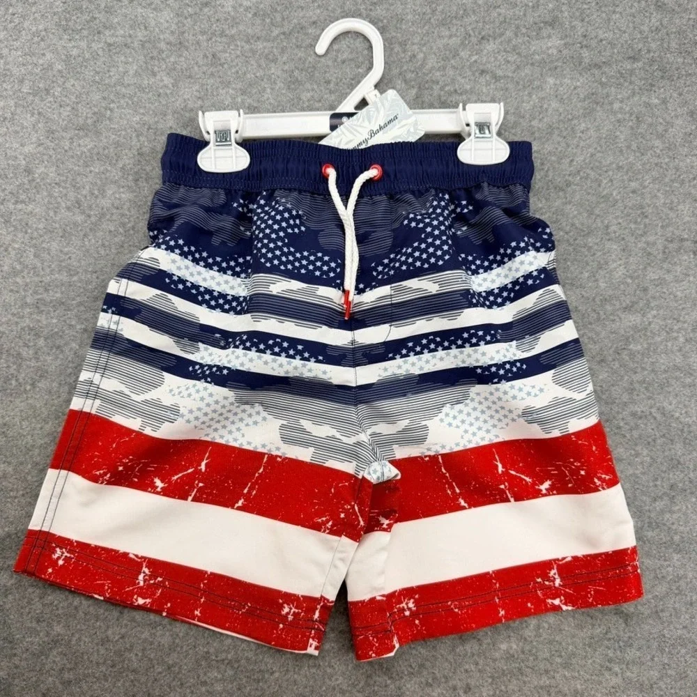 Tommy Bahama Boys M 7/8 American Flag Swim Trunks UPF 50 Red White Blue NWT